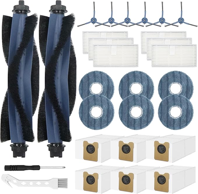 28 Pack Replacement Accessories for Eufy Omni C20 Robot Vacuums Parts, 2 Main Brush, 6 Side Brushes, 6 Washable Filters, 6 Dust Bags, 6 Mop Pads, 1 Cleaning Tool and 1 Screwdriver