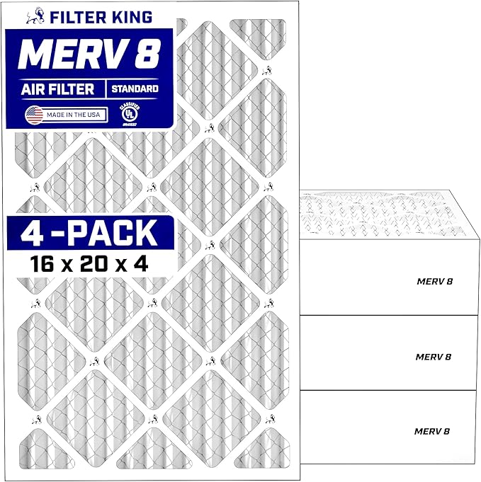 Filter King 16x20x4 Air Filter (MERV 8) (4-Pack) Dust & Allergy Control AC Furnace Filters, MADE IN USA, HVAC, Pleated, Electrostatic (Actual Size: 15.5 x 19.5 x 3.75)