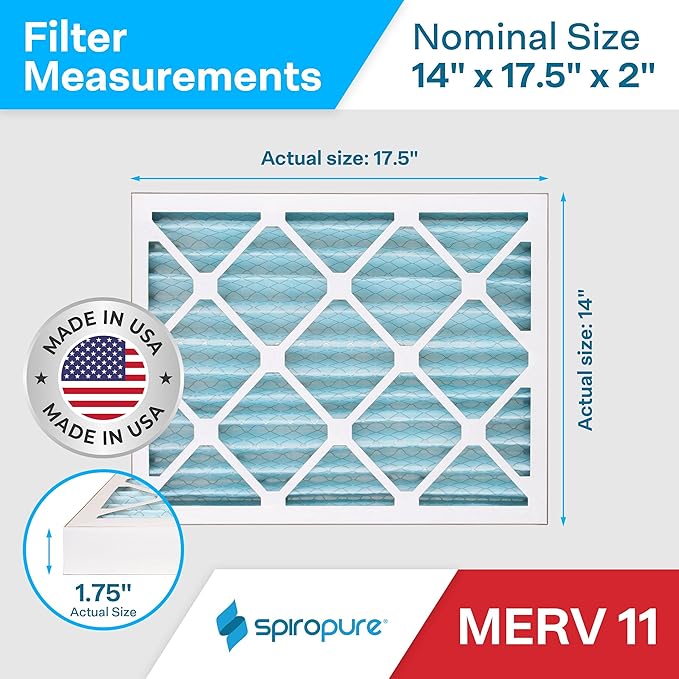 SpiroPure 14x17.5x2 MERV 11 Pleated Filter Air Filters - Made in USA (6 Pack)