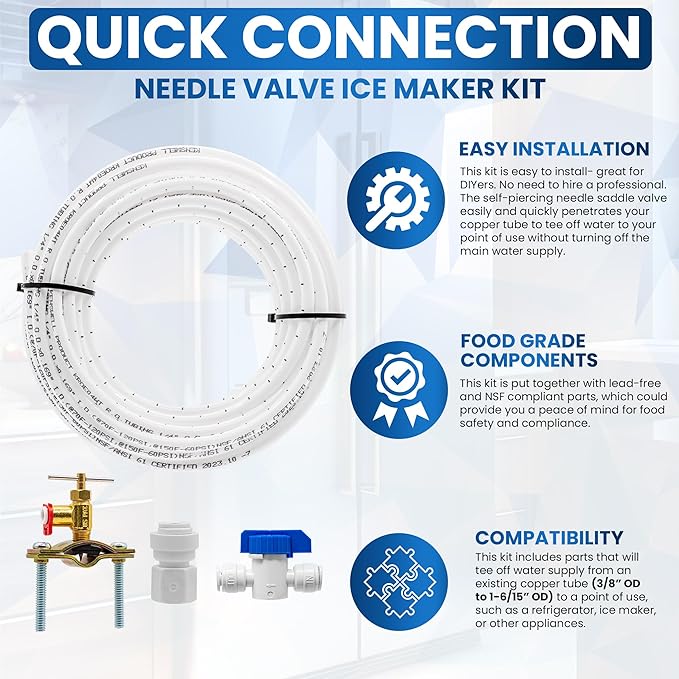 Refrigerator Water Line Kit for Ice Maker, Freezer, Humidifier, Water Filtration System. 25 FT x 1/4” OD Tube, 1/4" OD Quick Connect Self-Piercing Needle Saddle Valve, Adapter, & Ball Valve