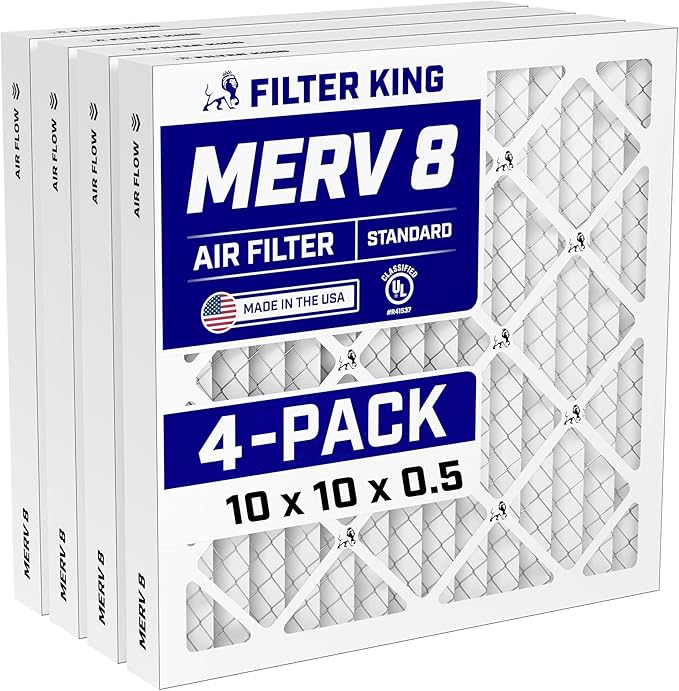 Filter King 10x10x0.5 Air Filter (MERV 8) (4-Pack) Dust & Allergy Control AC Furnace Filters, MADE IN USA, HVAC, Pleated, Electrostatic (Actual Size: 9.5 x 9.5 x 0.5)