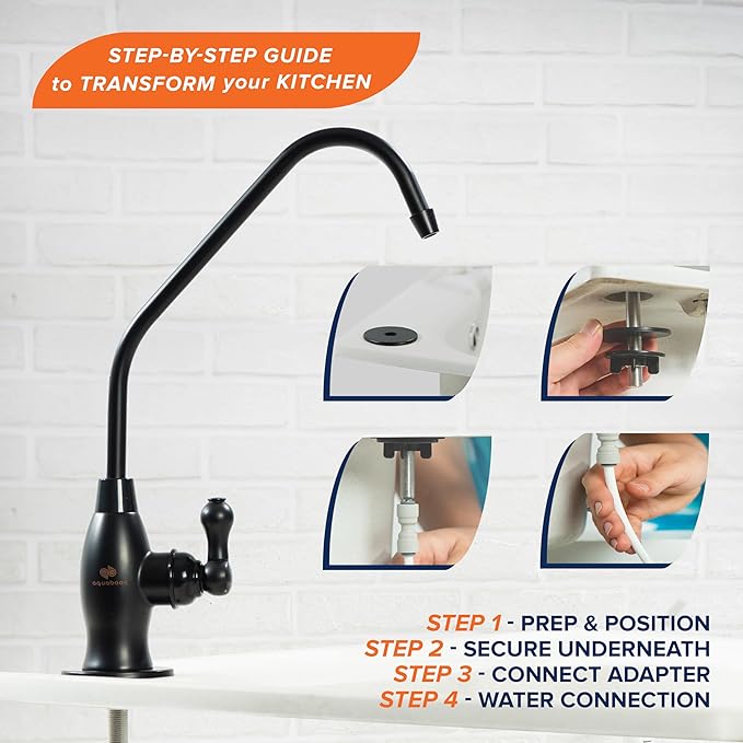 Aquaboon RO Water Filter Faucet - Black, Stainless Steel, 304, Brushed, 1-Handle, 360 Swivel, Classic, Deck Mount, Single Hole, for Kitchen