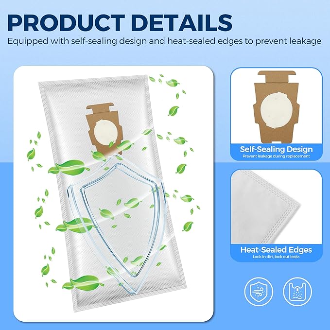 15 Pack 204814 Vacuum Bags Replacement for Kirby, Micron Magic Plus HEPA Filter Bags Compatible with Kirby Avalir/Sentria/Ultimate G Series Replaces F-Style & Twist-Style 204811 205811 204808