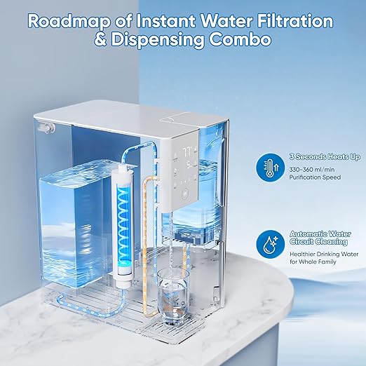 Reverse Osmosis Water Filter Countertop with Instant Hot Water, 4:1 Pure to Drain Ratio, TDS & Filter Life & Autofill Pitcher, 4 Temperature Settings (59℉-197℉), No Installation for Home/RV/Office