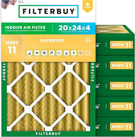 Filterbuy 20x24x4 Air Filter MERV 11 Superior Pet & Allergy Defense (6-Pack), Electrostatic Pleated HVAC AC Furnace Filters Replacement (Actual Size: 19.38 x 23.38 x 3.63)