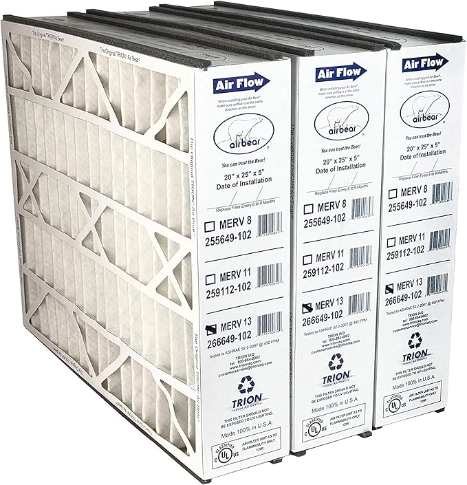 Trion Air Bear 20x25x5 Air Filter, MERV 13 Furnace AC Air Filter Replacement, for Air Purifier Systems, Actual Size (4.94 x 24.25 x 19.75 in), 3 Pack