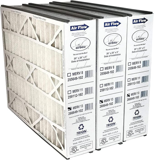 Trion Air Bear 20x25x5 Air Filter, MERV 13 Furnace AC Air Filter Replacement, for Air Purifier Systems, Actual Size (4.94 x 24.25 x 19.75 in), 3 Pack