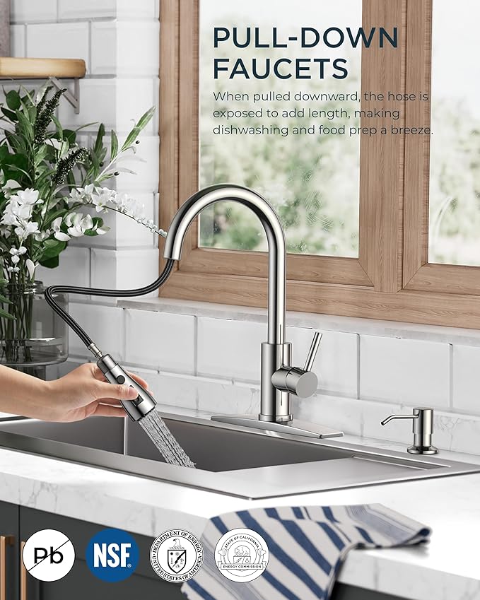 FORIOUS Kitchen Faucets with Soap Dispenser and Pull Down Sprayer, Chrome, Bar High Arc Single Handle Classic 3 Modes Stainless Steel Faucet for Kitchen Sink Farmhouse RV Laundry Camper