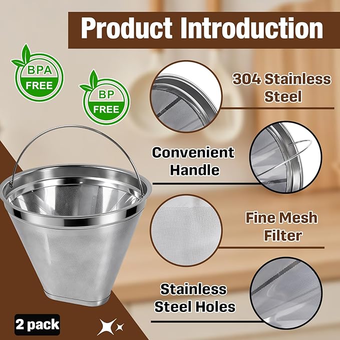 2-Pack Stainless Steel Coffee Filters Compatible with Cuisinart Coffee Maker, Fit for DCC 1200P1, 3200NAS, 3400NAS Models, Permanent & Reusable Cone Coffee Filters Basket Replacements