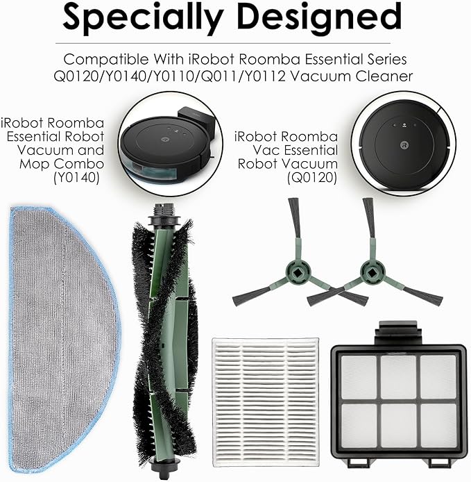 (11 Pack) Y0140 Q0520 Q0120 Replacement Parts for iRobot Roomba Vac Robot Vacuum 2 Essential Y0140 Y0110 Q011 Accessories, 1 Roller, 2 Mop Pads, 2 HEPA Filters, 2 Pre Filters 4 Side Brushes