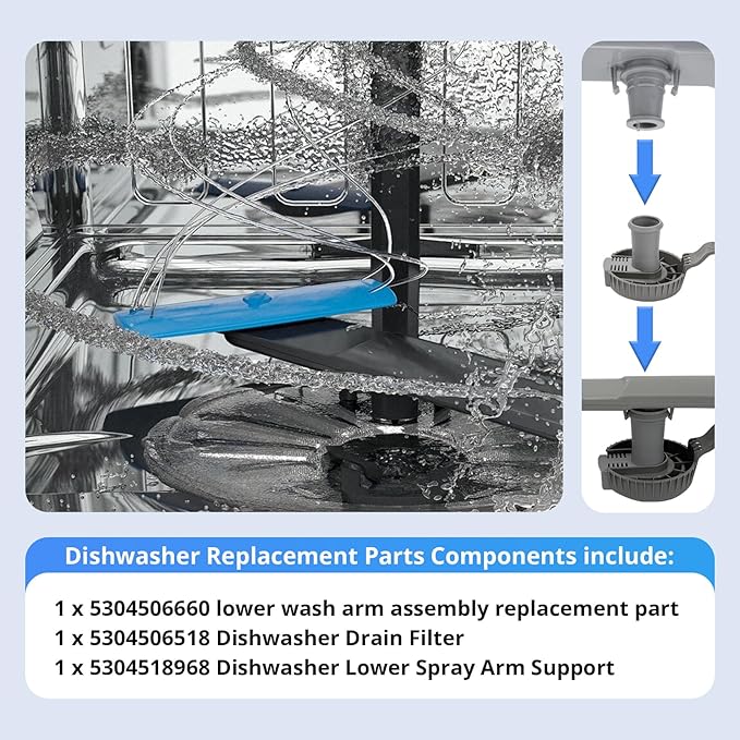 5304506660 Dishwashers Spray Arm Assembly Fit for Frigidaire Dishwashers Lower Wash Arm Assembly with 5304518968 Dishwasher Lower Spray Arm Support and 5304506518 Dishwasher Trap Drain Filter