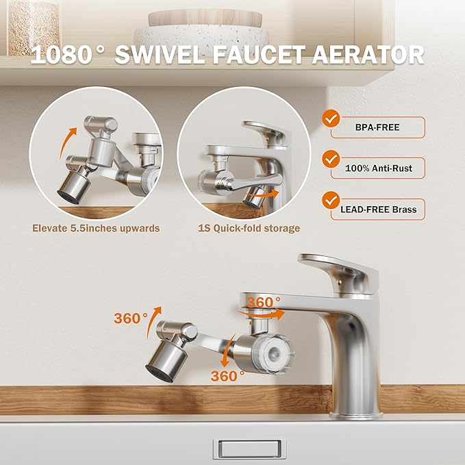 Frizzlife Water Filter for Sink Faucet Extender Aerator, 9pcs Filter Reduce 99% Chlorine, 1080° Rotating Brass Swivel Aerator, 2 Modes Attachment Faucet Filter for Skin Kitchen Bathroom Sink, FF1080