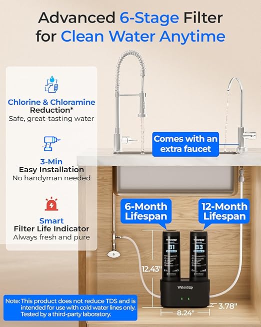 Waterdrop DLB Under Sink Water Filter, Reduces Chlorine, Chloramine, PFAS, Bad Taste, Under Sink Water Filtration System with Separate Faucet,Water Filter for Sink Faucet,Life Indicator, Quick Change