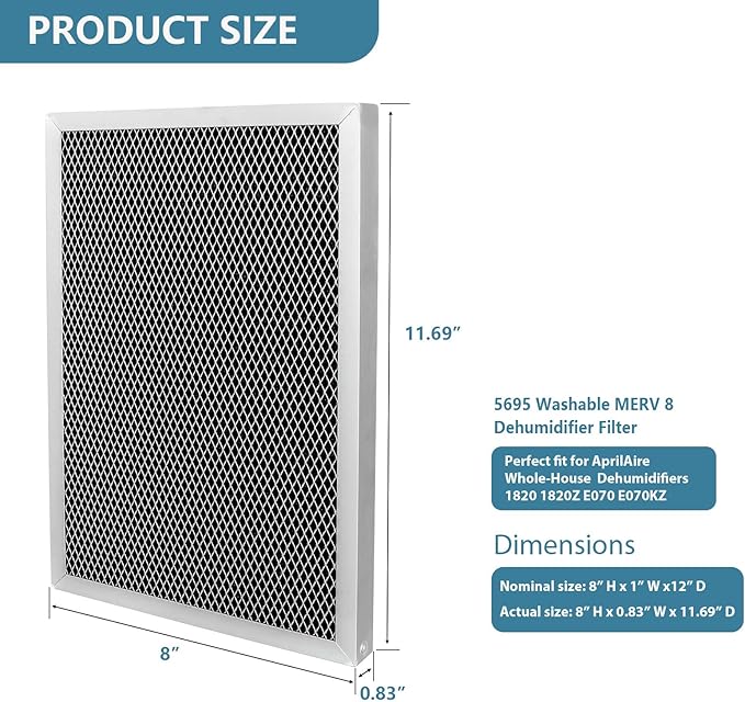 5695 Washable MERV 8 Dehumidifier Filter Compatible with AprilAire Whole-House Dehumidifier Models 1820 1820Z E070 E070KZ E070KZM E070N E070T E070Z 8x12x1 inch Replacement Filter 2 Pack