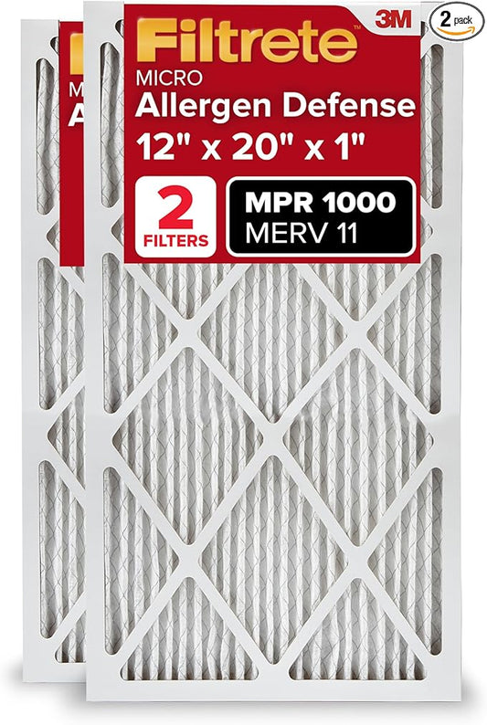 Filtrete 12x20x1 Air Filter, MERV 11, MPR 1000, Allergen Defense, 3-Month AC and Furnace Filter, Easy on Air Flow, 2 HVAC Filters (Actual Size 11.81 x 19.81 x 0.81 in)