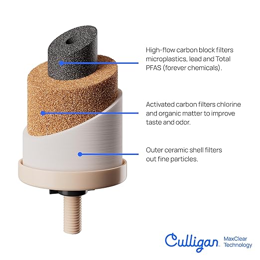 Culligan MaxClear 3 Gallon Gravity Water Filter System, Polished Stainless-Steel Countertop Water Filter NSF/ANSI Certified to Reduce Microplastics, Lead & Total PFAS, with 2 Ceramic Filters