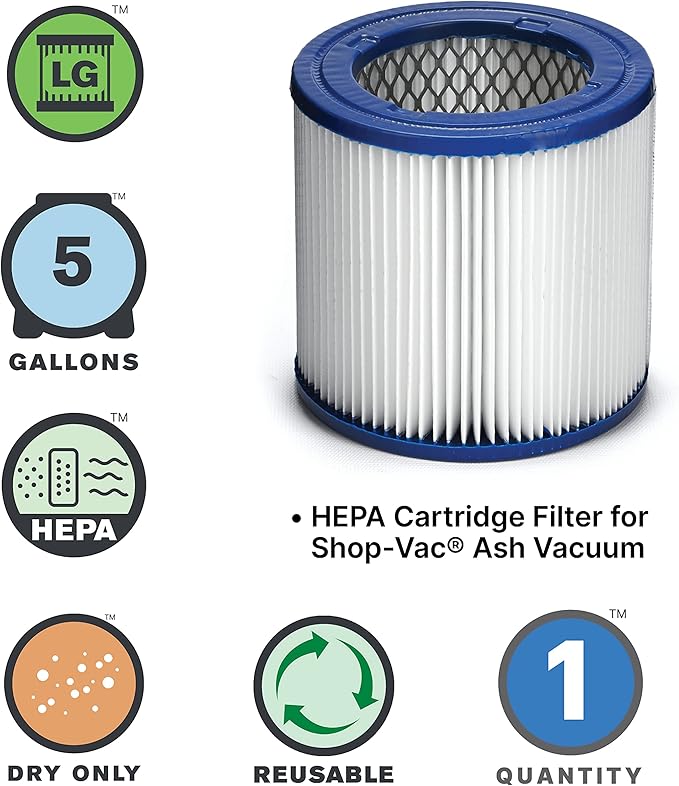 Shop-Vac 9032933 Ash Vacuum HEPA Cartridge Filter, Effective Filtration, Dry Non-Hazardous Material Use, (1-Pack)