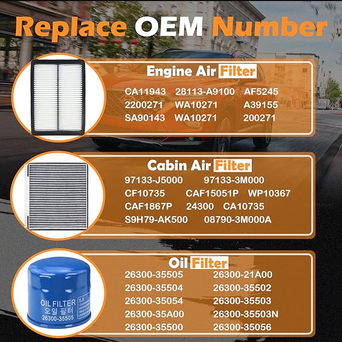 Kefly 28113-A9100 Engine Air Filter & 26300-35505 Oil Filter & 97133-J5000 Cabin Air Filter Fit for 2019-2020 Hyundai Santa Fe 2.0L 2.4L