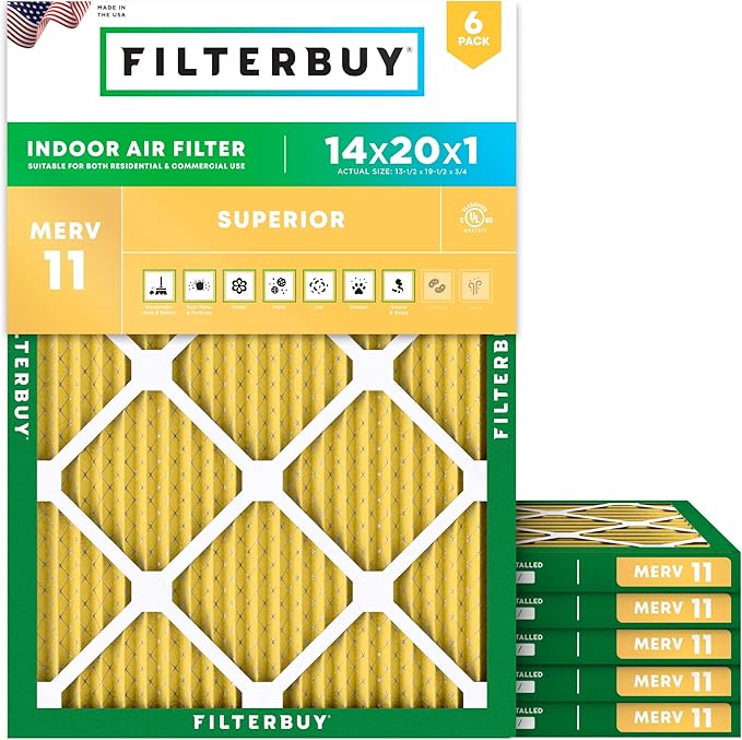 Filterbuy 14x20x1 Air Filter MERV 11 Superior Pet & Allergy Defense (6-Pack), Electrostatic Pleated HVAC AC Furnace Filters Replacement (Actual Size: 13.50 x 19.50 x 0.75)