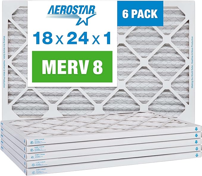 Aerostar 18x24x1 MERV 8 Air Filter, Pleated AC Furnace HVAC Filters (17.375x23.375x0.75), Electrostatically Charged for Allergies Dust Pet Dander Pollen Mold Lint, MPR 600 FPR 5, USA, 6 Pack