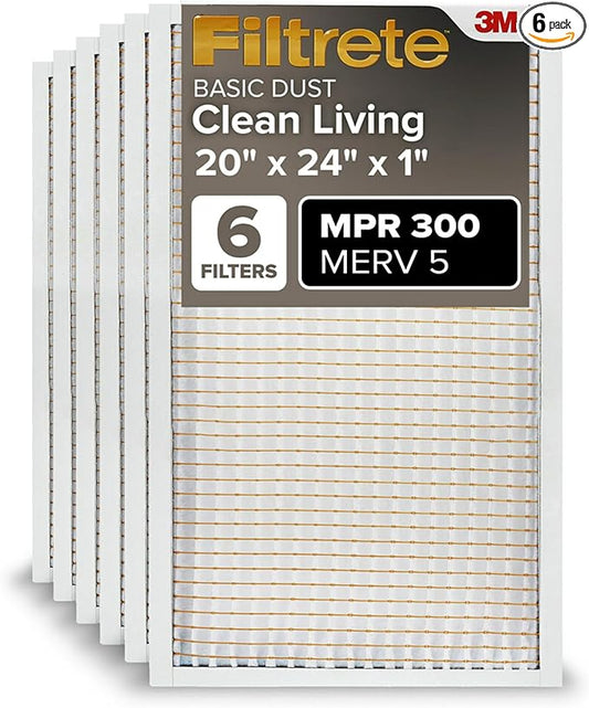 Filtrete 20x24x1 Air Filter MERV 5, 6-Pack AC Furnace Filters for Home HVAC, MPR 300 Basic Dust Defense, Removes Lint & Household Dust, 3-Month Pleated Electrostatic (Actual Size 19.81x23.81x0.81 in)