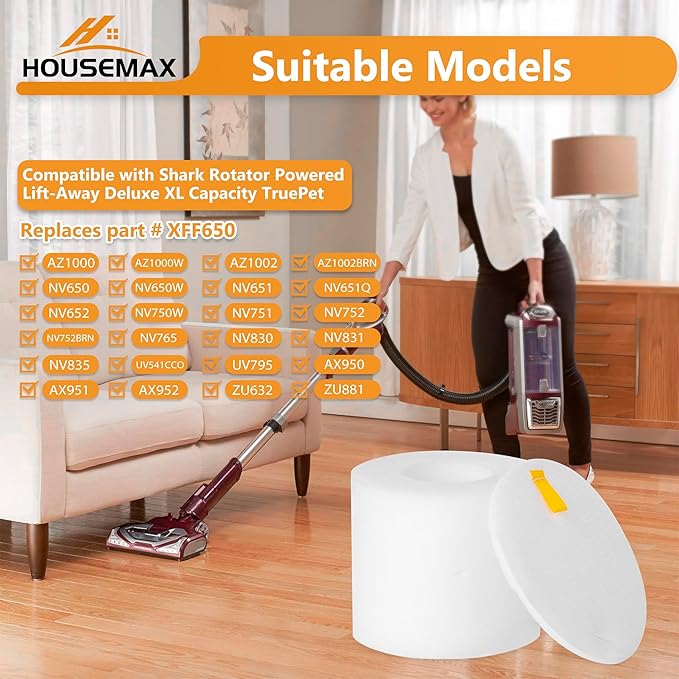 HOUSEMAX 2 Pack Foam & Felt Filters Replacement for Shark Rotator Powered Lift-Away Vacuum NV650, NV752, AZ1002, NV650W, NV652, NV750W, NV751, NV651, Replace Part XFF650 & XHF650