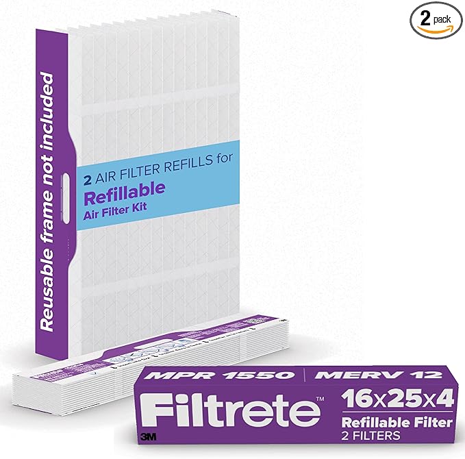 Filtrete 16x25x4 Refillable Air Filter replacement, MPR 1550, MERV 12, Allergen Bacteria & Virus, 2 Pack, use with reusable air filter frame of Filtrete Refillable Air Filter Kit, for HVAC, Furnace