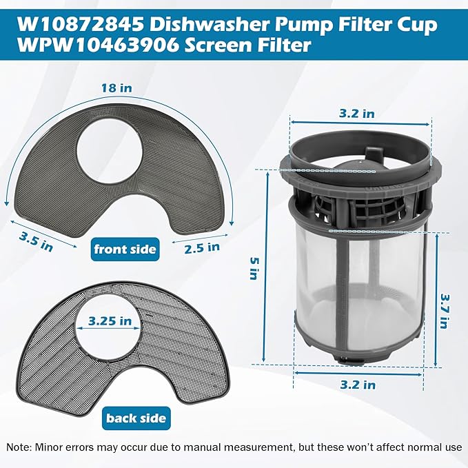 BigHead W10872845 Dishwasher Pump Filter Cup & WPW10463906 Screen Filter Compatible with Whirlpool Kenmore KitchenAid Dishwasher Replaces AP6030094 PS11759673 W10393351 AP6021820 PS11755148 2312301