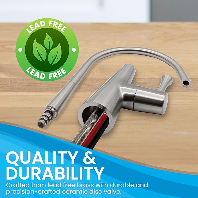 Metpure Airgap 3-Port Brass RO Faucet for Reverse Osmosis Drinking Water Systems. Features Pre-Installed Drain Tubes, Contemporary Design. Includes Wrench and Adapters. (Brushed Nickel)