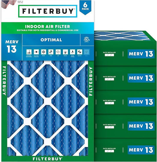 Filterbuy 12x20x4 Air Filter MERV 13 Optimal Smoke & Allergy Defense (6-Pack), Electrostatic Pleated HVAC AC Furnace Filters Replacement (Actual Size: 11.50 x 19.50 x 3.63)