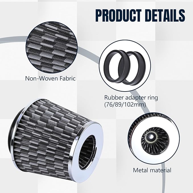 Hovom Universal Clamp-On Air Intake Filter, 76 89 102MM (3/3.5/4in) High Flow Round Tapered Cold Air Intake Filter, High Performance, Washable & Reusable, Engine Filters Replacement (Carbon Fiber)