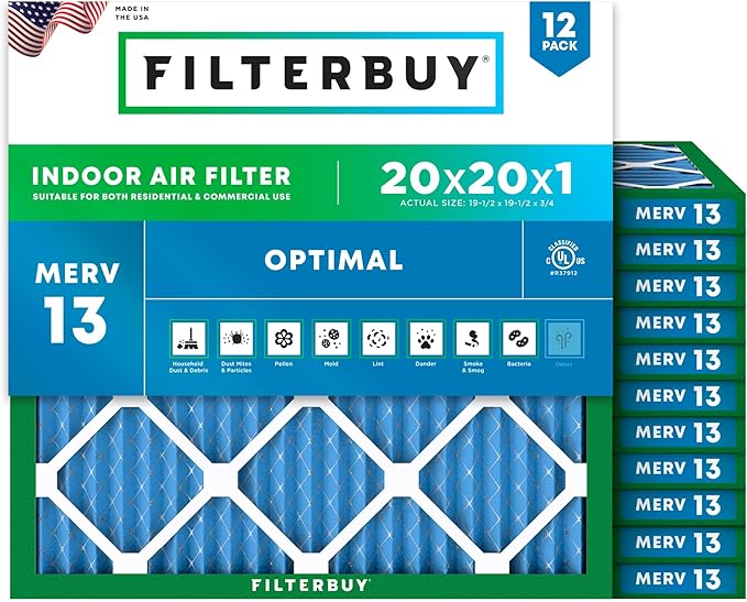 Filterbuy 20x20x1 Air Filter MERV 13 Optimal Smoke & Allergy Defense (12-Pack), Electrostatic Pleated HVAC AC Furnace Filters Replacement (Actual Size: 19.50 x 19.50 x 0.75)