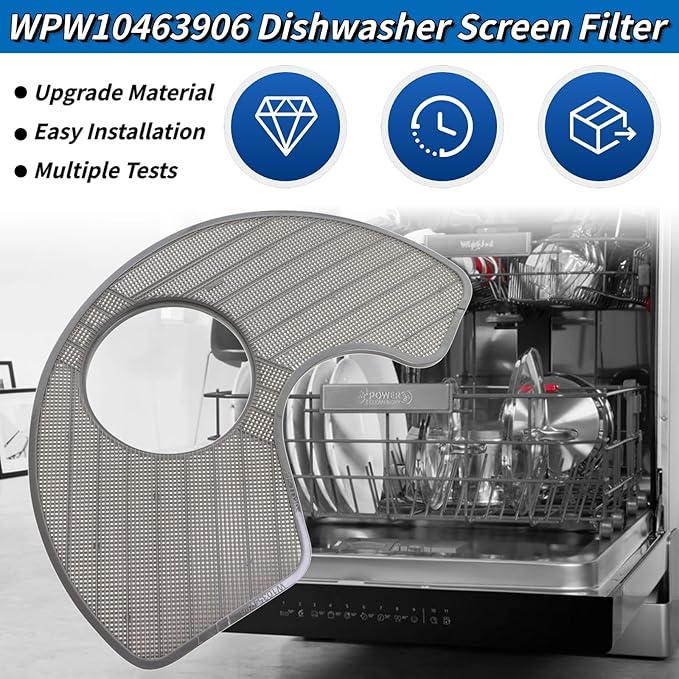 WPW10463906 Dishwasher Screen Filter Compatible with Whirlpool Kenmore KitchenAid Amana Maytag Dishwashers Replace# WPW10195360 2312301 PS11755148 AP6021820 W10195360
