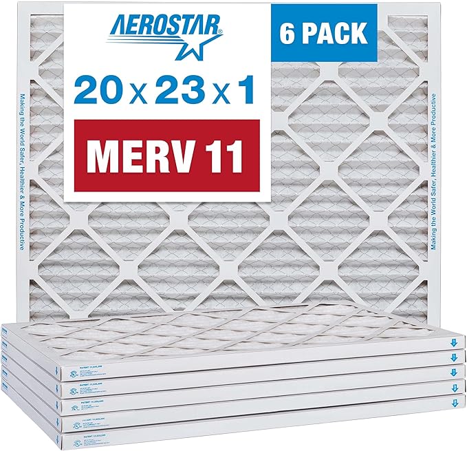Aerostar 20x23x1 MERV 11 Air Filter, Pleated AC Furnace HVAC Filters (19.875x22.875x0.75), for Allergies Asthma Dust Pet Dander Smoke Bacteria Viruses, MPR 1500 FPR 10, USA, 6 Pack