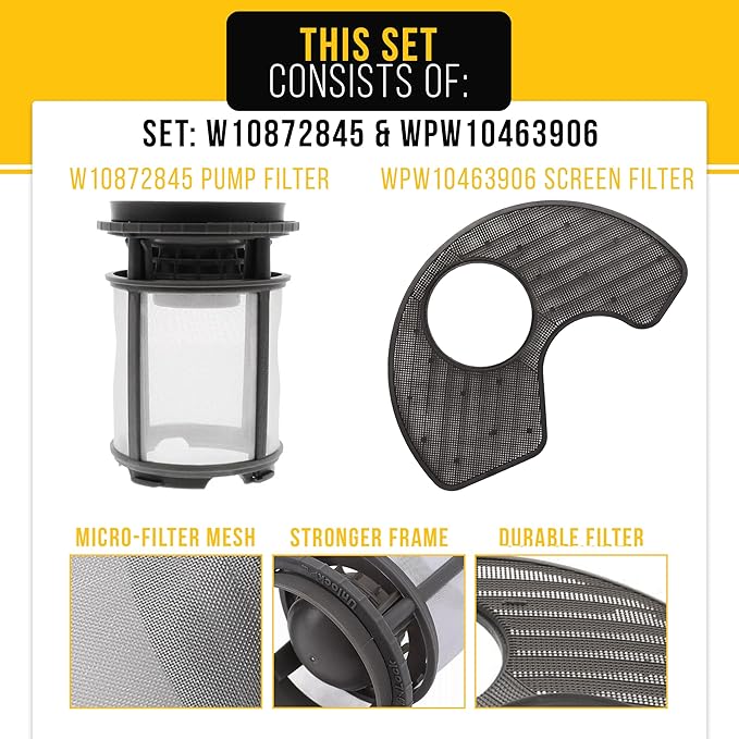 PartsBroz W10872845 Pump Filter & WPW10463906 Screen Filter - Compatible with Whirlpool Kenmore KitchenAid Dishwasher - Replaces AP6030094 PS11759673 W10393351 AP6021820 PS11755148 2312301