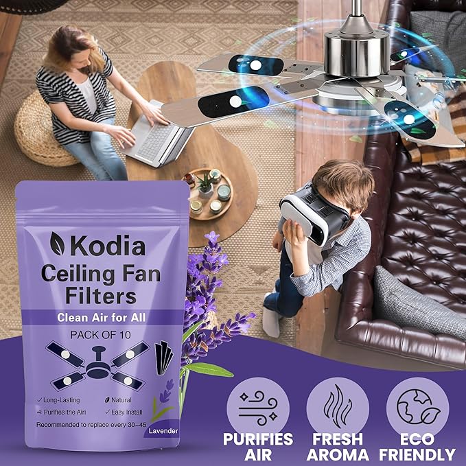 Kodia Ceiling Fan Filters for Blades – Activated Carbon Air Purifier Pads for Dust & Odor Control – Universal Fit Fan Filters with Lavender Scent – 10 Pack + 10 Deodorizing Tablets