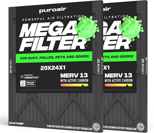 PuroAir MegaFilter - 20x24x1 Air Filter MERV 13 Activated CarbonTech Defense - Heavy Duty 3 Layer Furnace Filters Allergens, Pollen, Dust, Pet Dander, Smoke, Odors - HVAC Air Filter 20x24x1 (2-Pack)