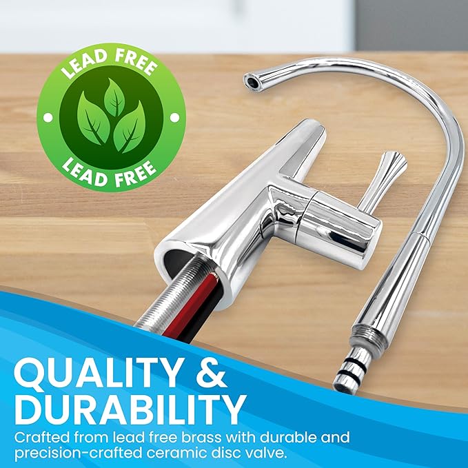 Metpure Airgap 3-Port Brass RO Faucet for Reverse Osmosis Drinking Water Systems. Features Pre-Installed Drain Tubes, Contemporary Design. Includes Wrench and Adapters. (Chrome)