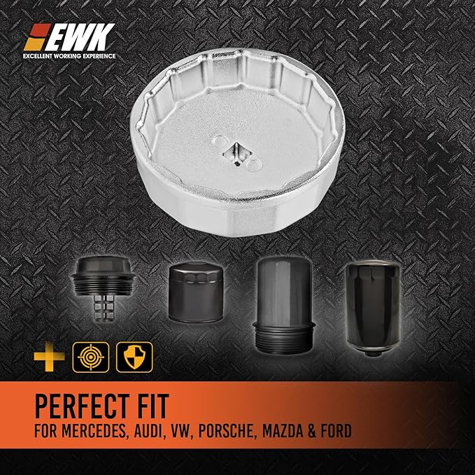 EWK 74mm 14 Flute Oil Filter Wrench for Mercedes Benz Sprinter VW Audi Porsche, Forged Aluminum Cap Socket Tool, 3/8 in Drive or 27mm Hex for Damage-Free Oil Changes