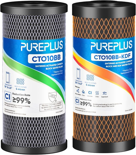 PUREPLUS 5 Micron 10"x4.5" Whole House Water Filter Replacement Bundle 2 Pack – 1× CTO Chlorine Taste Odor Reduction + 1× KDF Heavy Metal Filter – Fits Standard Housings GXWH40L, WFHDC8001, FXHTC