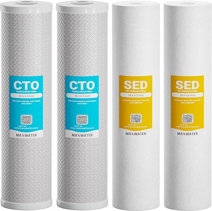 Max Water 5 Micron 20 x 4.5 Whole House Water Filter Cartridges - 20" Polypropylene Sediment, CTO Carbon Block Replacement Filter Set of 4 Compatible with WGB22B