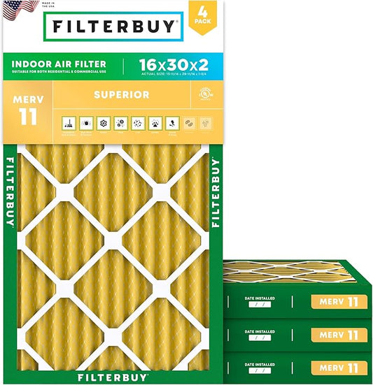 Filterbuy 16x30x2 Air Filter MERV 11 Superior Pet & Allergy Defense (4-Pack), Electrostatic Pleated HVAC AC Furnace Filters Replacement (Actual Size: 15.69 x 29.69 x 1.75)