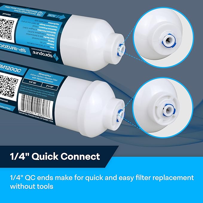 SpiroPure SP-IM120QC Inline Alkaline Carbon Water Filter, MineralPlus Remineralization, 1/4" Quick-Connect 2” x 10”, Remineralizing for RO System, Refrigerators (25 Pack)