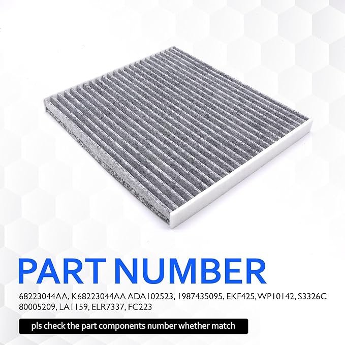 68223044AA Cabin Air Filter with Activated Carbon Compatible with Chrysler 200 2015-2017, Jeep Cherokee 2014 2015 2016 2017 2018 2.4L 3.6L Replacement for CAF1918P