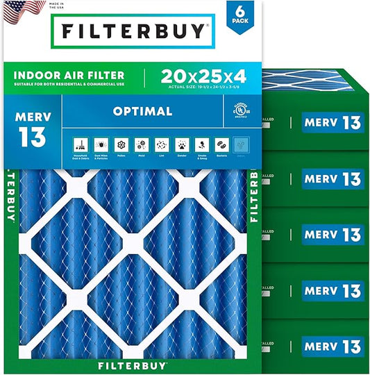 Filterbuy 20x25x4 Air Filter MERV 13 Optimal Smoke & Allergy Defense (6-Pack), Electrostatic Pleated HVAC AC Furnace Filters Replacement (Actual Size: 19.50 x 24.50 x 3.63)