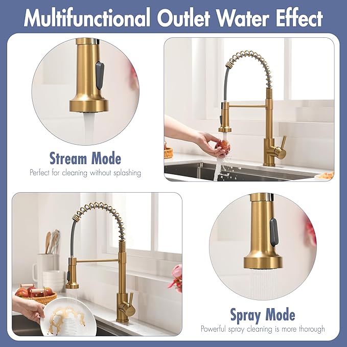 GIMILI Kitchen Faucet with Pull Down Sprayer Single Hole Stainless Steel Sink Faucet, Suitable for Farmhouses, RV, Laundry Room, Outdoor, and Campers. Llave para fregadero de cocina Brushed Gold