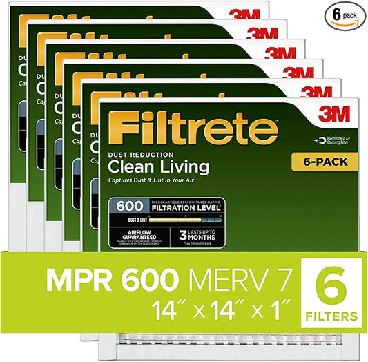 Filtrete 14x14x1 Air Filter, MPR 600, MERV 7, Clean Living Dust Reduction 3-Month Pleated 1-Inch Air Filters, 6 Filters