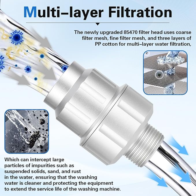 Upgraded 85470 Washing Machine Water Filter(with Replacement Filter),Micron Down Sediment Filter,85470 inline Filter Head Compatible with Most Standard Washers,Made of Aluminum Alloy