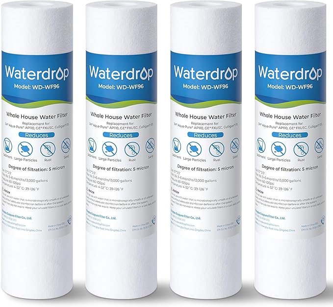 Waterdrop 5 Micron 10" x 2.5" Whole House Water Filter Replacement Cartridge, Sediment Water Filter Replacement for Any 10 inch RO Unit, Aqua-Pure® AP110, Culligan® P5, WHKF-GD05, 4 Pack