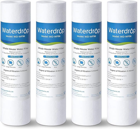 Waterdrop 5 Micron 10" x 2.5" Whole House Water Filter Replacement Cartridge, Sediment Water Filter Replacement for Any 10 inch RO Unit, Aqua-Pure® AP110, Culligan® P5, WHKF-GD05, 4 Pack